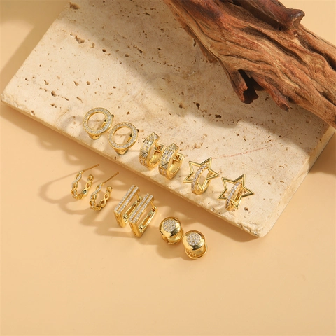 Geometrische Zirkonia Oorbellen Verguld Koper Ster Rechthoek Ring Minimalistische Trendy Mode-Sieraden Voor Vrouwen