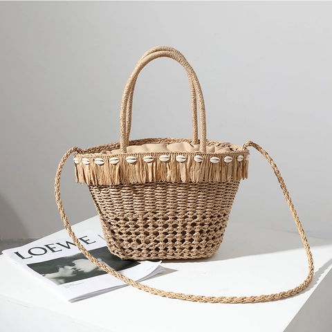 Borsa A Spalla In Paglia Intrecciata Da Donna Con Nappe Di Conchiglia Vuoto Vacanza Spiaggia Coulisse Fodera