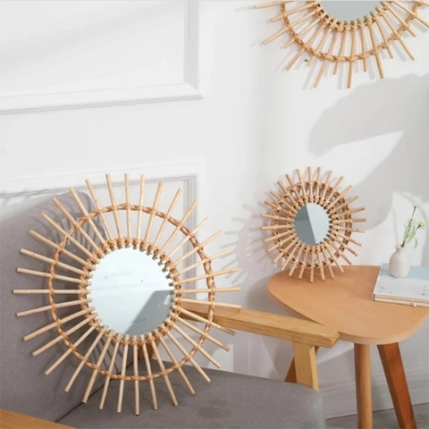 Handmade Rattan Woven Decorative Wall Mirror Sunburst Sunflower Round Wood Frame Bohemian Style Home Decor Ornament