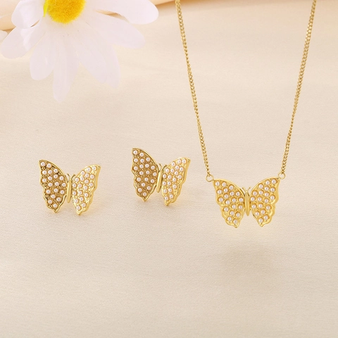 Collana Con Ciondolo A Farfalla E Orecchini In Acciaio Inossidabile Con Künstliche Perle Di Conchiglia Elegante Per Donna