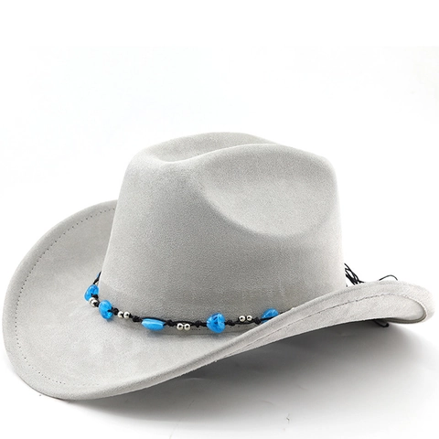 Cappello Da Cowboy Occidentale Poliestere Scamosciato Tesa Larga Fedora Fascia Perline Turchese Etnica Outdoor Unisex