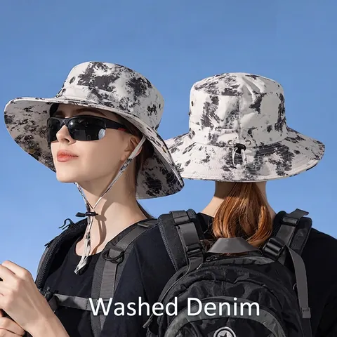 Women Wide Brim Sun Hat Summer UV Protection Tie Dye Bucket Hat With Adjustable Windproof Strap Outdoor Fishing Hiking Hat