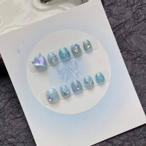 Handgemaakte Kinder Zeemeermin Press-on Nagels Blauw Glitters Zeester Vlinder 3D Strass Parel Zoet Kinderen Kunstnagels Decoratie