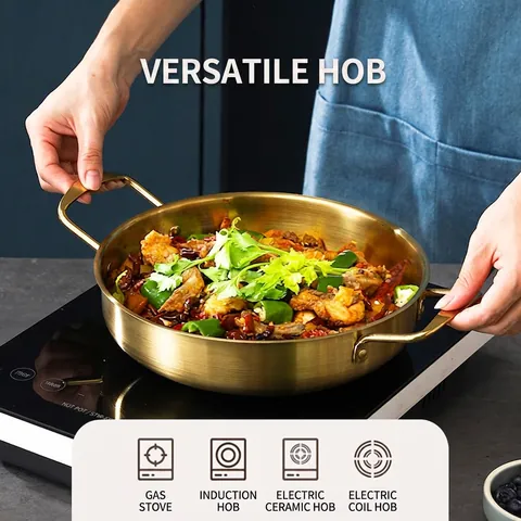 Korean Style Stainless Steel Seafood Hot Pot Flat Bottom Double Handle Gold Silver Ramen Griddle Pan