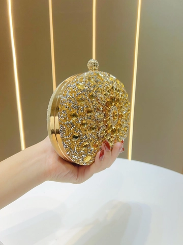 Luxury Rhinestone Evening Clutch Bag Oval Crystal Flower Pattern Party Handbag With Detachable Metal Chain Strap