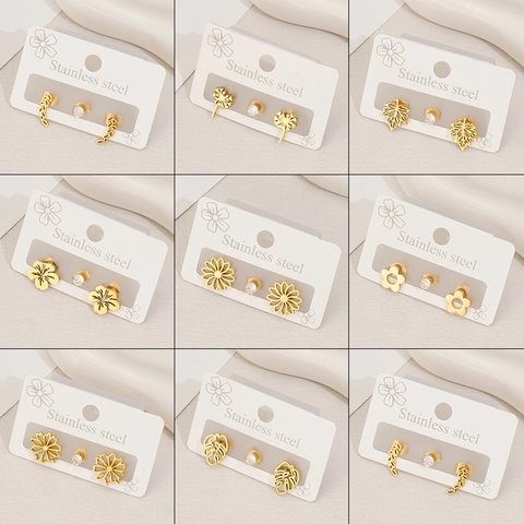 Fashion Stainless Steel Zircon Flower Leaf Stud Earrings For Women Sweet Minimalist Plant Jewelry Daily Accessory