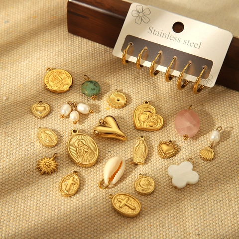 DIY Jewelry Pendants Charms Stainless Steel Gold Plated Religious Heart Cross Star Sun Moon Coin Shell For Crafting