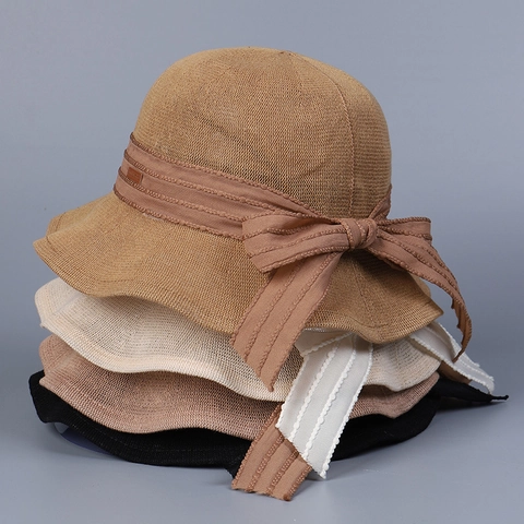 Women's Knitted Bucket Hat Cotton Polyester Breathable Sunshade Foldable Wide Brim Bow Ribbon Summer Vacation Cap