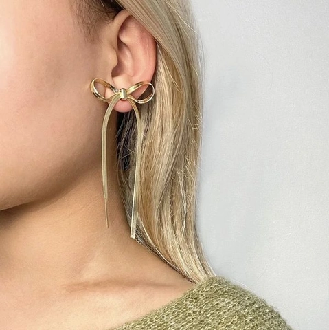 Elegante Schleife Quasten Ohrhänger Edelstahl 18K Vergoldet Schleife Lange Tropfen Modeschmuck Für Damen