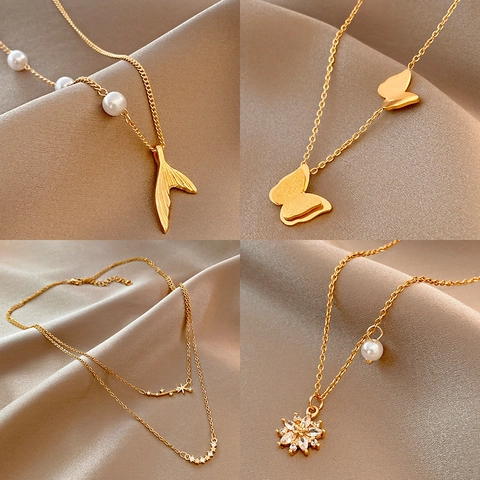 Titanium Stalen Ketting Verguld Hart Maan Ster Vlinder Hanger Zirkoon Schelp Kunstparel Mode-Sieraden Voor Vrouwen