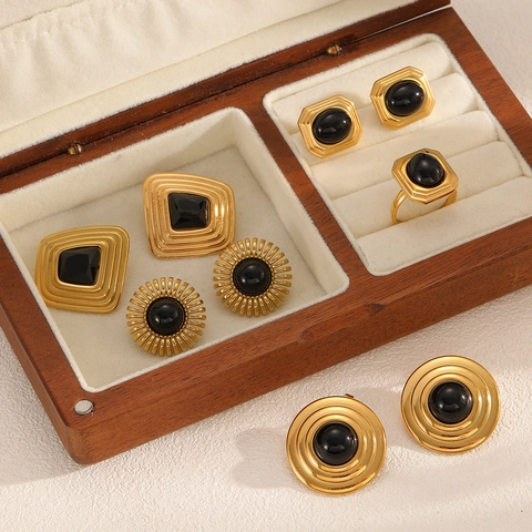 Vintage Geometrischer Schmuck Für Frauen Edelstahl 18K Vergoldet Schwarz Harz Edelstein Ohrringe Ring Armband Accessoire