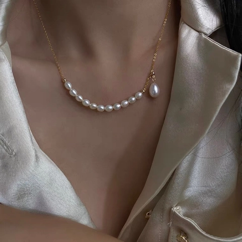 Elegant Freshwater Pearl Necklace For Women Gold Plated Copper Chain Teardrop Pendant Adjustable Choker Jewelry Gift