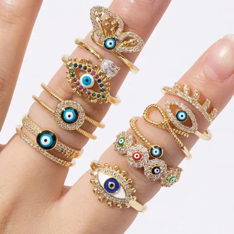 Anillo Aperto Malocchio Rame Placcato Oro Micro Pave Zircone Smalto Colorato Gioielli Regolabili Da Donna