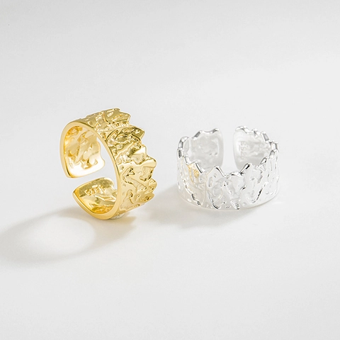 Anello Aperto in Argento Sterling 925 Texture Lavica Irregolare Geometrico Minimalista Regolabile per Donna Gioielli