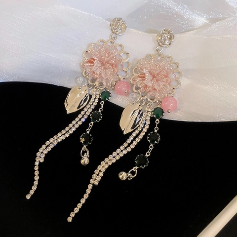 Pendientes Elegantes De Borla De Flor Y Hoja Rosa Con Diamantes De Imitación Cristal Aleación Poste De Plata