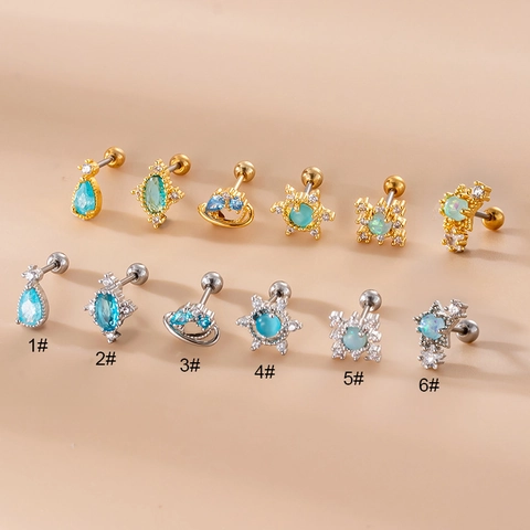 Boucles D'oreilles Cartilage En Zircon Tige Acier Inoxydable Bleu Géométrique Cuivre Incrusté Bijoux De Piercing Double Extrémité Vis