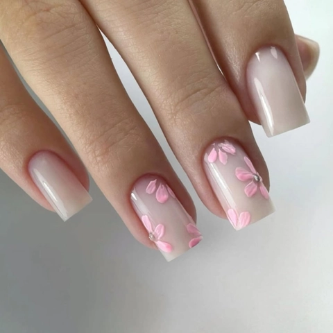 3D Pink Flower Press On Nails Short Square Milky White Artificial Fake Nails Rhinestone Decor For Women Elegant