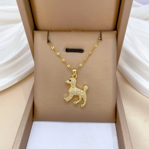 Collar Con Colgante De Cachorro Caniche Color Dorado Cadena De Acero Inoxidable Cobre Micro Pavé Diamantes De Imitación Para Mujer