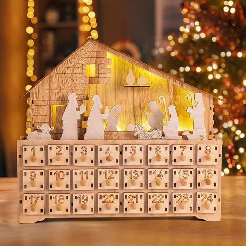 Calendario dell'Avvento Natalizio in Legno con Scena della Natività e Luce LED Cassetti per Conto alla Rovescia Decorazione