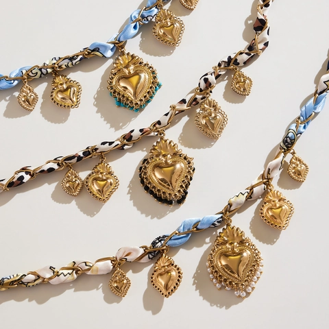 Set Di Gioielli Collana E Bracciale Ciondoli Cuore Acciaio Inossidabile Sciarpa Raso Leopardo Boemo Barocco Donne