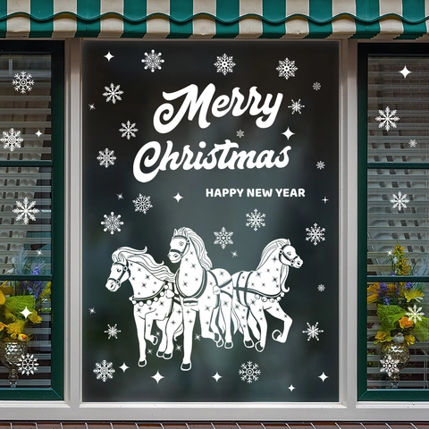 Weihnachtsfensteraufkleber Weiß Schneeflocke Pferd Statische Haftung PVC Glasaufkleber Frohe Weihnachten Neujahr Dekor