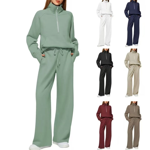 Women Casual Lounge Half Zip Pullover Sweatshirt And Wide Leg Drawstring Pants Polyester Spandex Soft Comfy Outfits