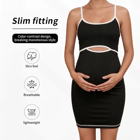 Robe De Maternité Sans Manches Bodycon Découpe Bordure Contrastée Slim Fit Polyester Élasthanne Vêtements Mode