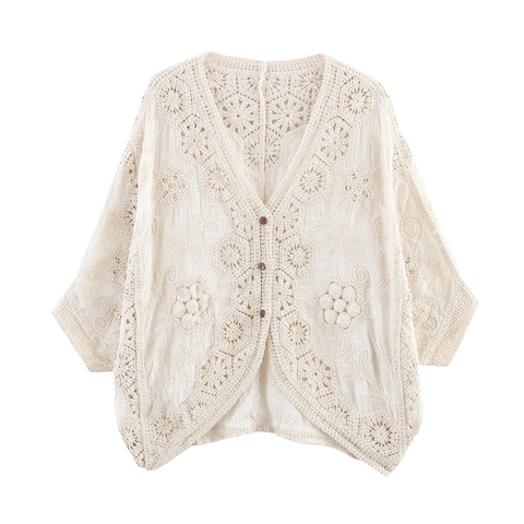 Women Crochet Cardigan Sweater Hollow Out Floral Embroidery V Neck Button Down Bohemian Vintage Knit Tops Mori Girl