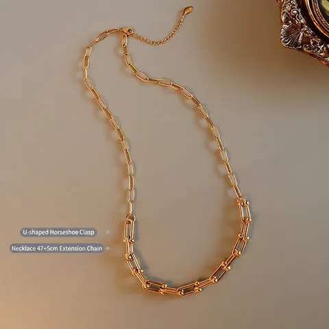 Gioielli Con Fibbia A Ferro Di Cavallo A Maglie A U Acciaio Al Titanio Placcato Oro 18K Collana E Bracciale Per Donna Stile Industriale Moderno