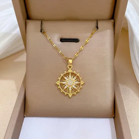 Collier Pendentif Étoile À Huit Branches Soleil Plaqué Or Acier Titane Cuivre Micro Pavé Zircon CZ Élégant Cadeau Femme