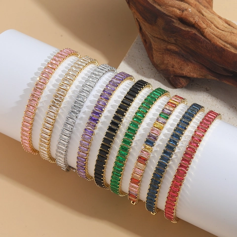 Elegante Bracciale Tennis Da Donna Con Zirconi Rettangolari Rame Placcato Oro Gioielli Minimalisti Chic
