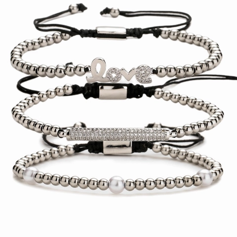 Adjustable Braided Rope Bracelet Copper Micro Pave Zirconia Love Letter Heart Safety Pin Pendant Imitation Artificial Pearl Jewelry