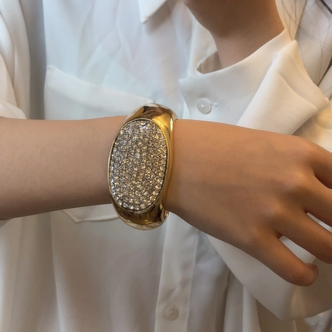 Bracelet Jonc Ouvert de Luxe en Alliage de Strass pour Femme Style Lourd Occidental Large Bangle Ovale Brillant Bijoux de Mode