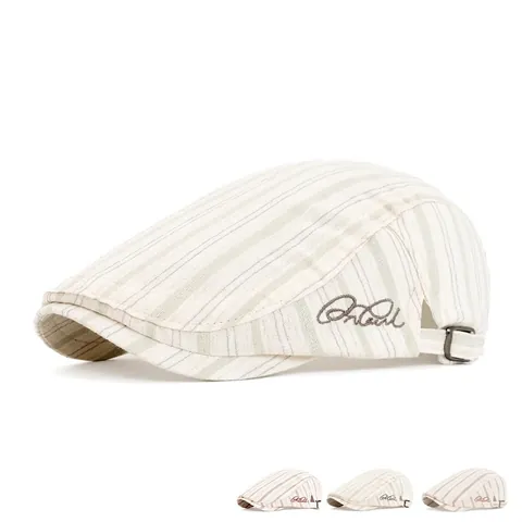 Béret À Rayures Style Britannique Rétro Casquette Plate Respirante En Coton Et Lin Boucle Réglable Décontractée
