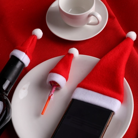 Mini Chapeaux De Noël En Tissu Porte Couverts Décoration De Bouteille De Vin Table Fête Rouge Blanc