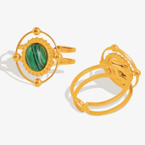 Bague Ouverte Vintage En Acier Inoxydable 304 Pour Femme Ajustable Pierre Imitation Ovale Malachite Turquoise Bijoux
