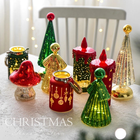 Glass LED Christmas Ornament Mini Tree Angel Mushroom Shape Warm Light Lantern Tabletop Decor Holiday Gift