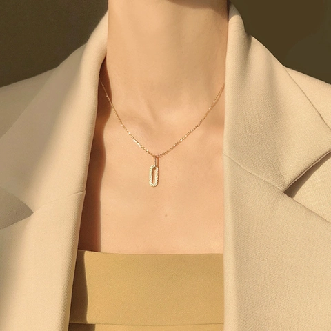 925 Sterling Silver Double Ring Pendant Necklace For Women 14K Gold Plated Geometric Rhinestone Clavicle Chain Minimalist Jewelry
