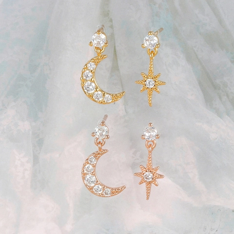 Orecchini Asimmetrici Luna Stella Rame Zircone Con Perno Argento 925 Gioielli Eleganti Placcati Oro 18K Da Donna