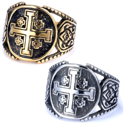 Anello Sigillo Con Croce Di Gerusalemme Vintage Da Uomo Acciaio Inossidabile 316L Retrò Annerito Lucidato Gioielli