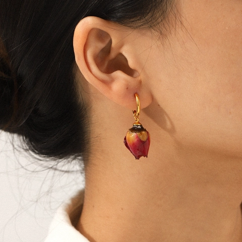 Edelstahl Creolen Mit Getrockneter Rosenknospe Und Fruchtanhängern Vintage Vergoldeter Schmuck Für Damen