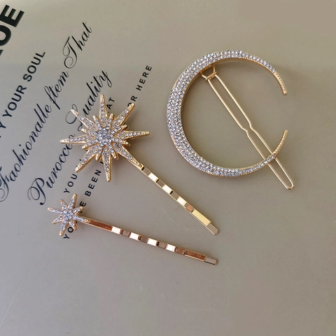 3-delige Ster Maan Strass Haarspelden Zinklegering Vintage Haarnadeln Voor Vrouwen Bruiloft Feest Haaraccessoires