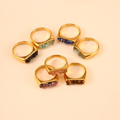 18K Gold Plated Stainless Steel Ring For Women Natural Crushed Stone Inlaid Square Fashion Jewelry Tourmaline Emerald Obsidian