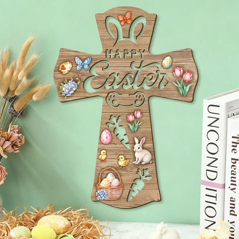 Easter Wooden Cross Hanging Sign Happy Easter Hollow Out Wood Welcome Door Wall Decor Rabbit Egg Flower Ornament