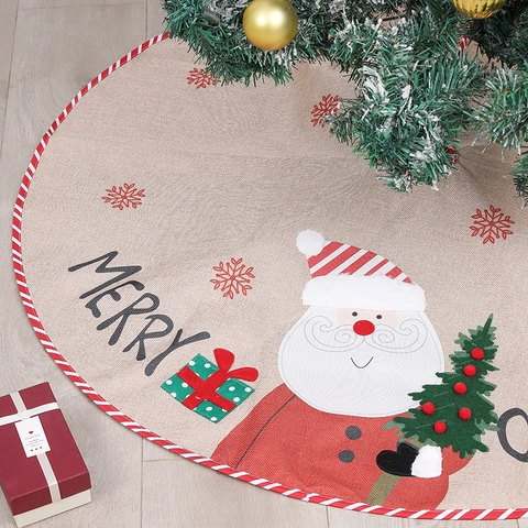Christmas Tree Skirt Faux Burlap Embroidered Santa Claus Snowman Applique Striped Edge Merry Christmas Holiday Decoration