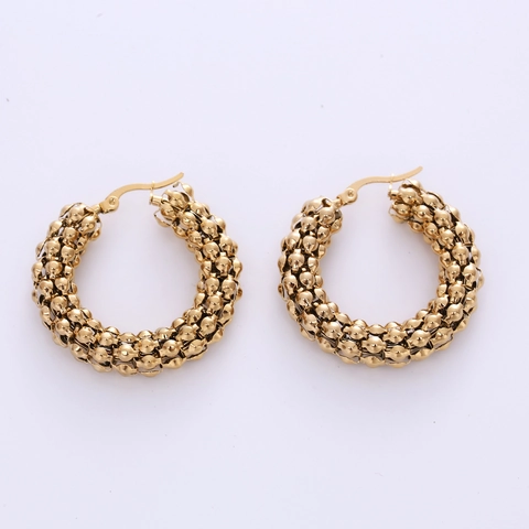 Exaggerated 18K Gold Plated 316L Stainless Steel Hoop Earrings Textured Corn Kernel Beaded C Shape Chunky Jewelry For Women