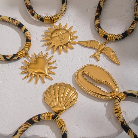 Leopard Print Fabric Cord Necklace Stainless Steel Gold Plated Sun Heart Shell Bird Pendants Bohemian Vintage Jewelry