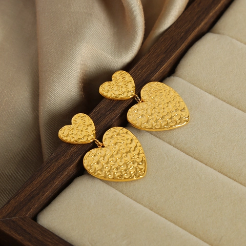 Boucles D'oreilles Pendantes En Acier Titane Superposées Forme Cœur Étoile Texture Martelée Pour Femmes Bijoux Chic Minimaliste