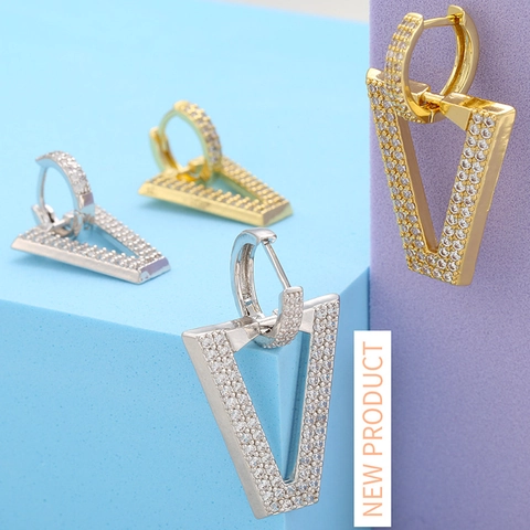 Orecchini a Pendente a Forma di V in Ottone con Micro Intarsio di Zirconia Placcati Oro Argento Gioielli Geometrici per Donna