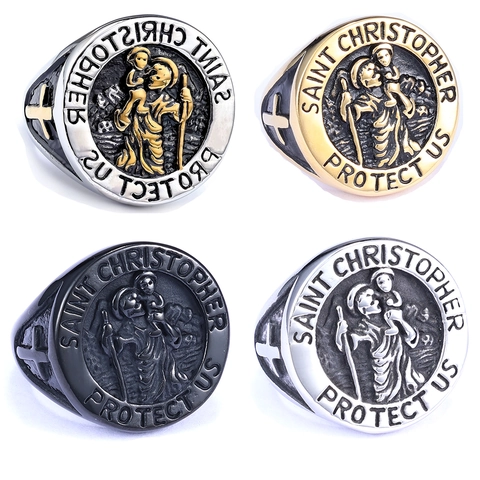 Vintage Saint Christopher Protect Us Signet Ring Stainless Steel Religious Cross Jewelry For Men Retro Punk Style